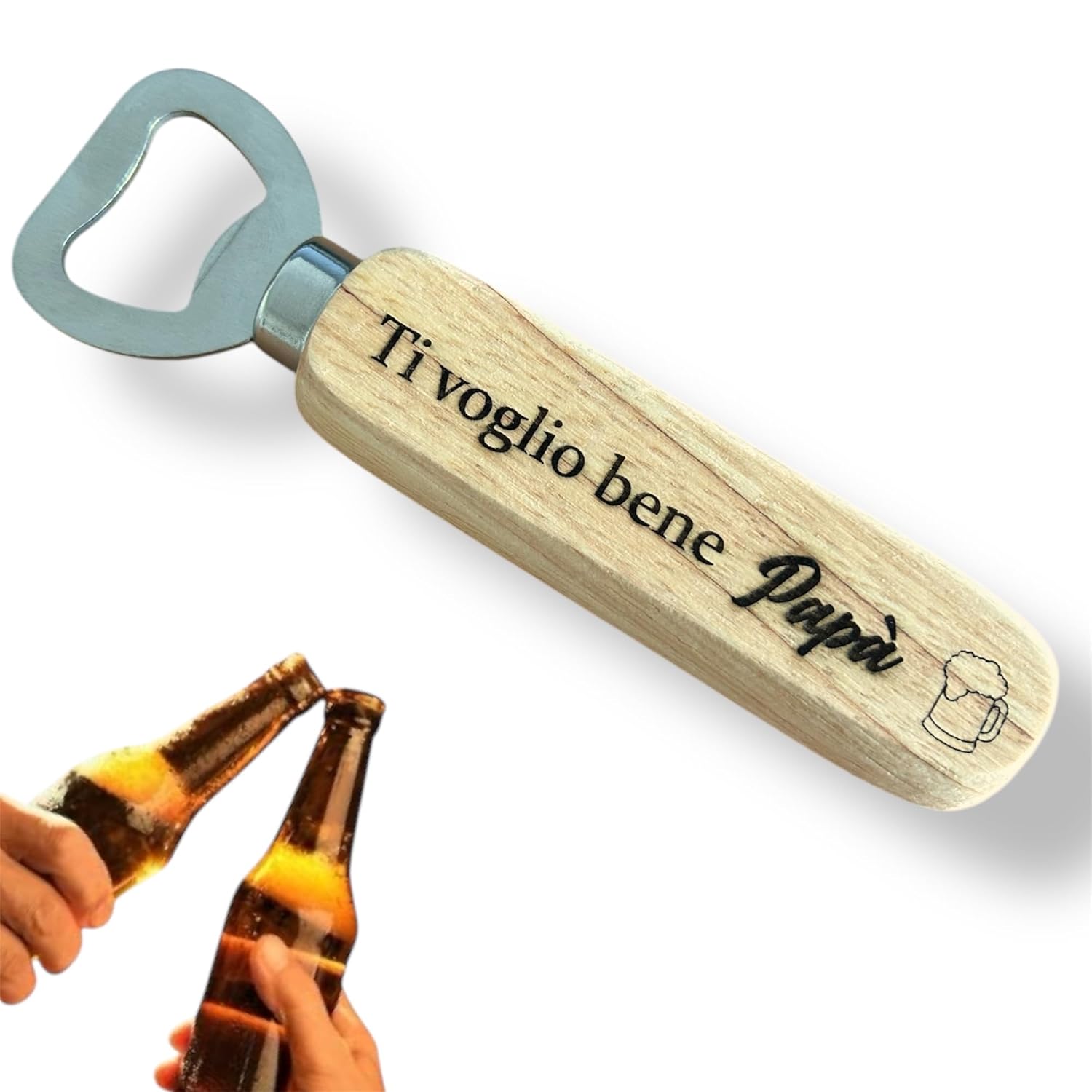 Apribottiglie personalizzato per la Festa del Papà - Manico in legno con incisione del nome e dedica - Regalo per il Papà