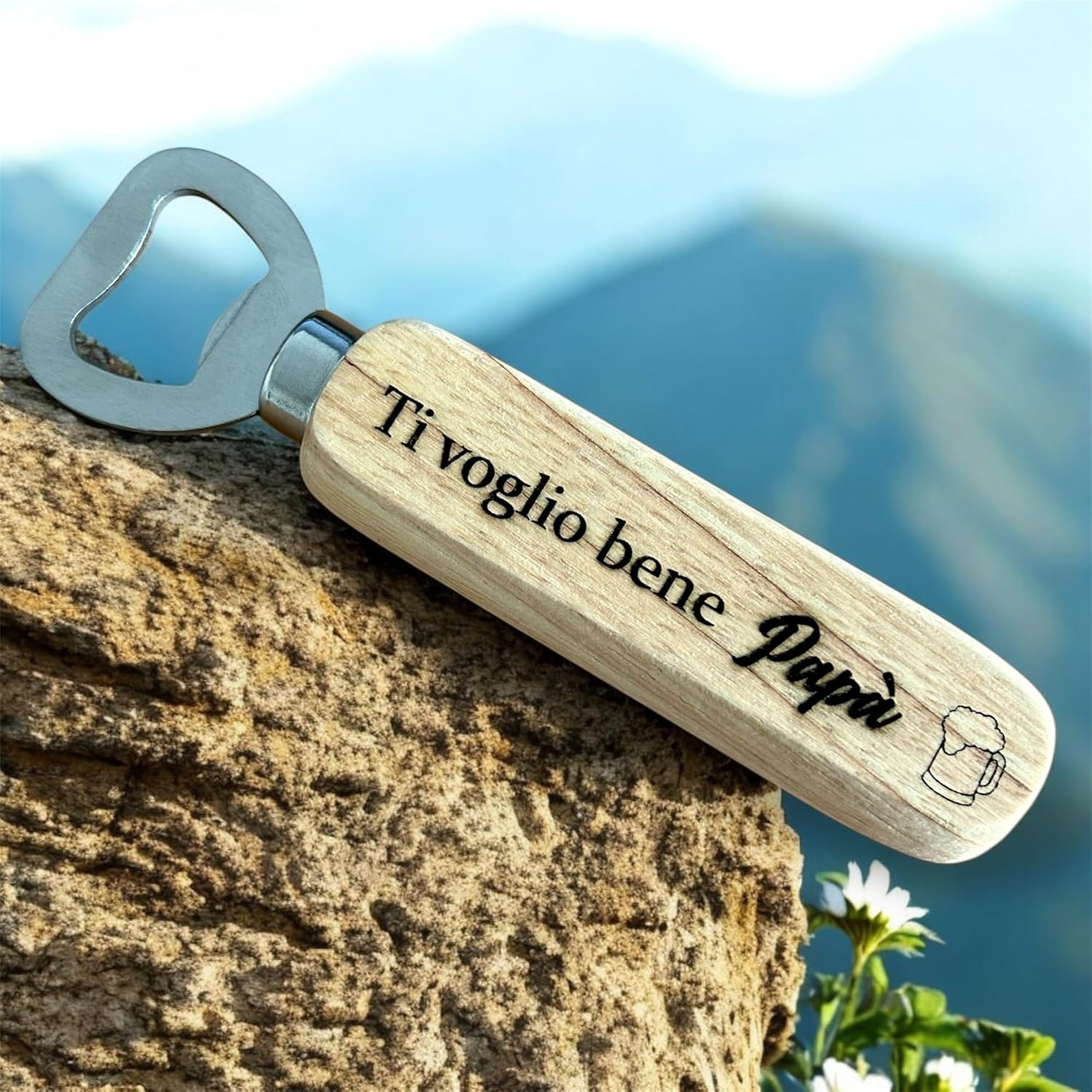 Apribottiglie personalizzato per la Festa del Papà - Manico in legno con incisione del nome e dedica - Regalo per il Papà