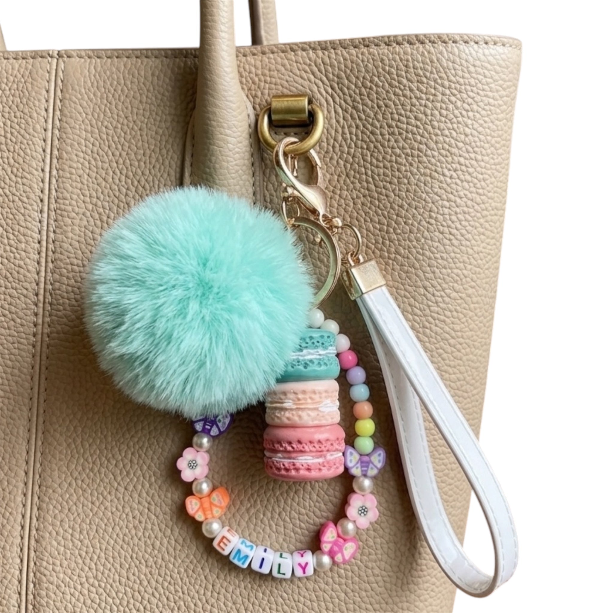 Charm Bag Macaron con PonPon e Phone Beads con Nome | Personalizzato