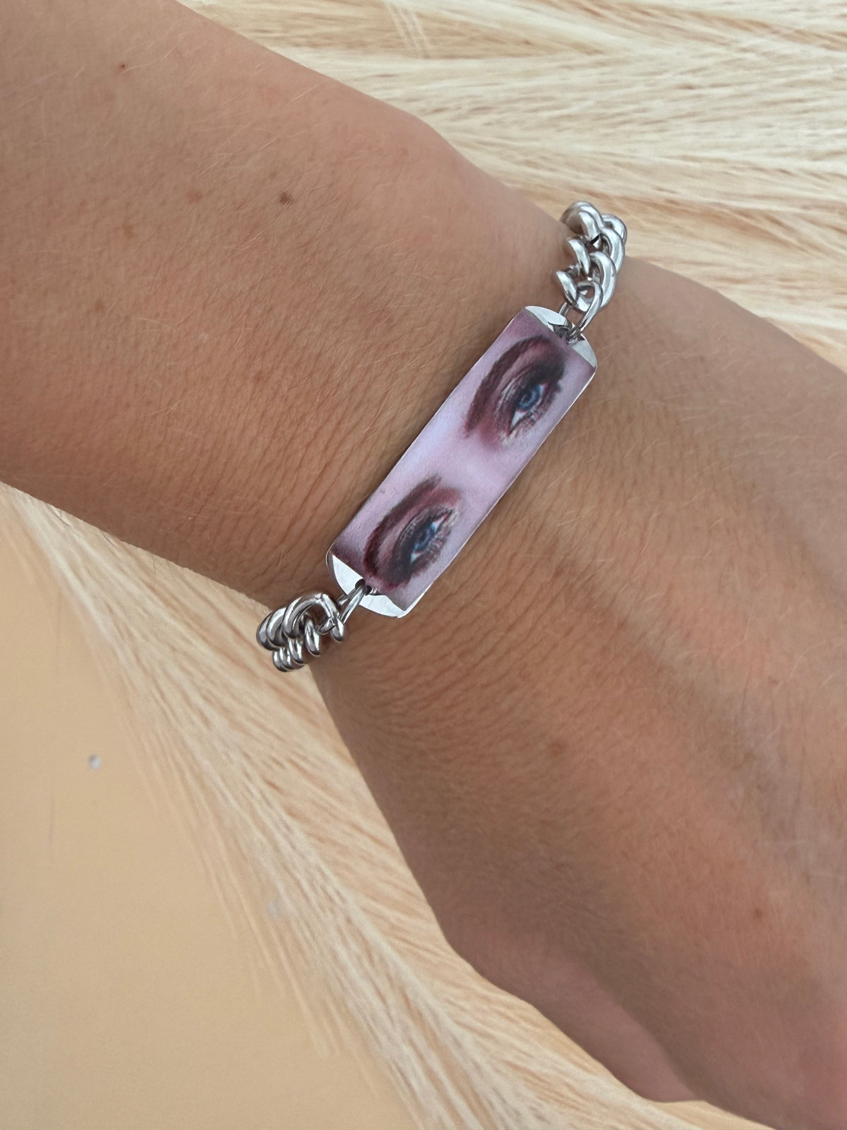 Bracciale con Foto Incisione degli Occhi a colori| Maglia Groumette Acciaio