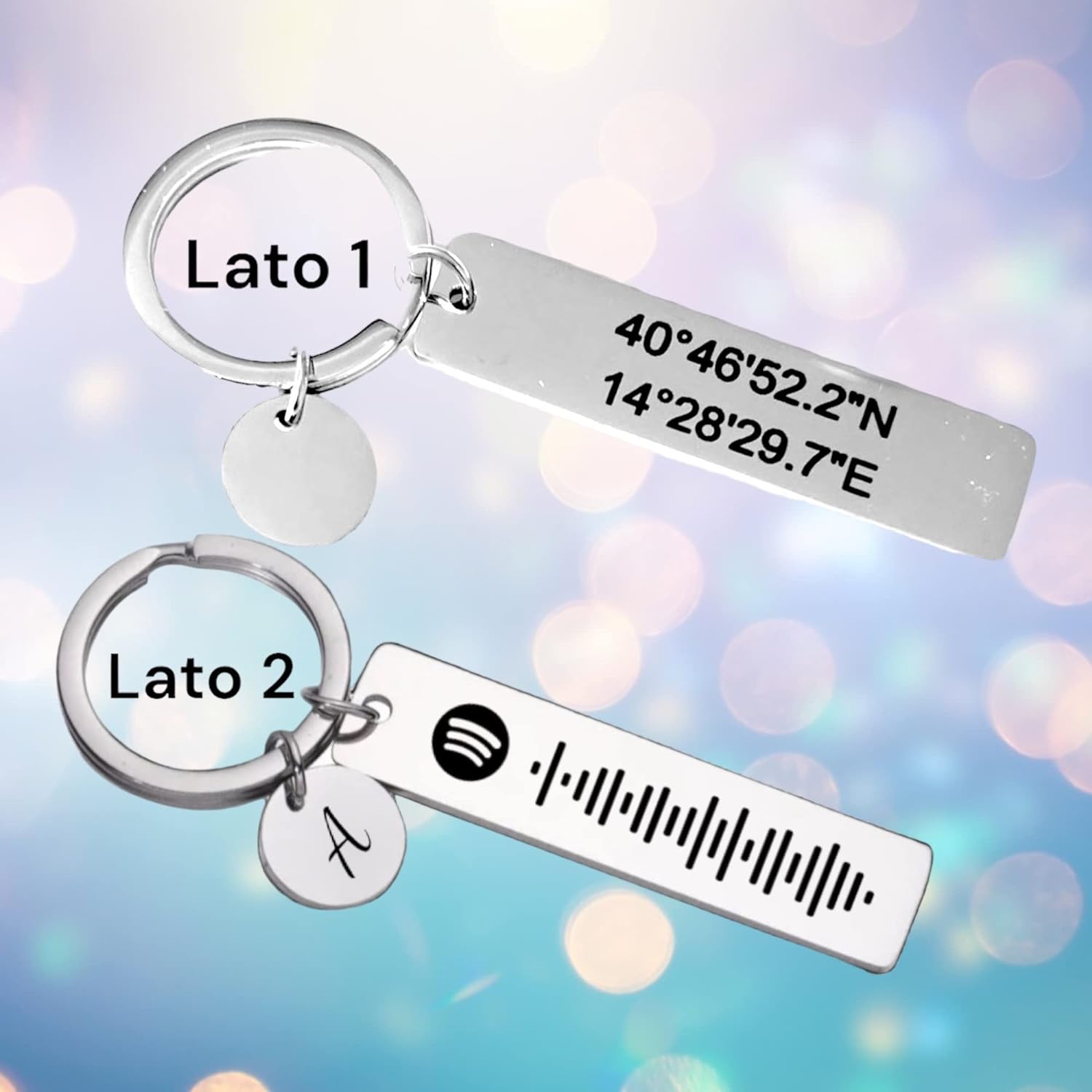 Keychain with Geographic Coordinates and Spotify