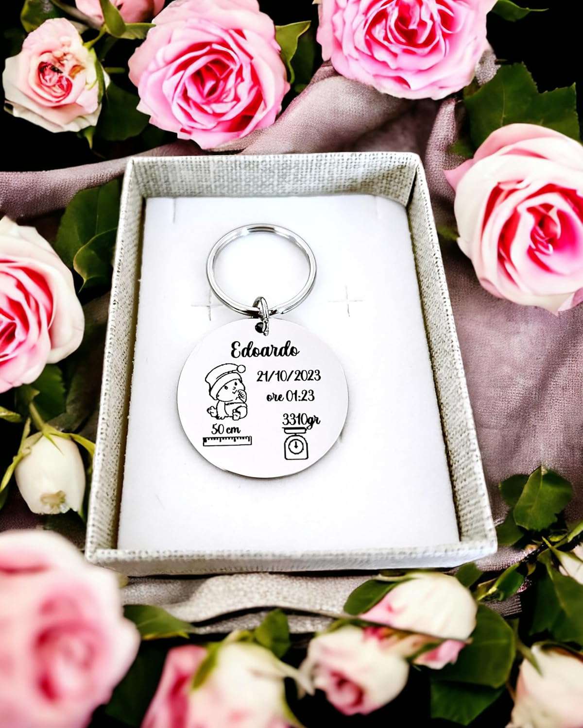 Portachiavi Nascita Bimbo Bimba - Portachiavi Nascita personalizzato - Idea regalo Nascita Bimbo Genitori - Portachiavi personalizzato con i dati del neonato - Bomboniera Battesimo