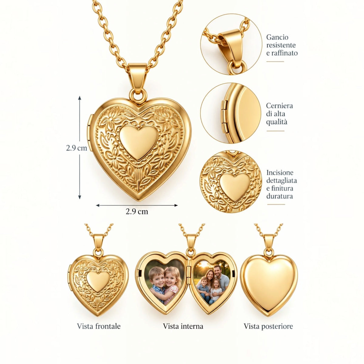 Collana ciondolo Cuore Gold con foto e dedica personalizzata | Ciondolo Cuore portafoto