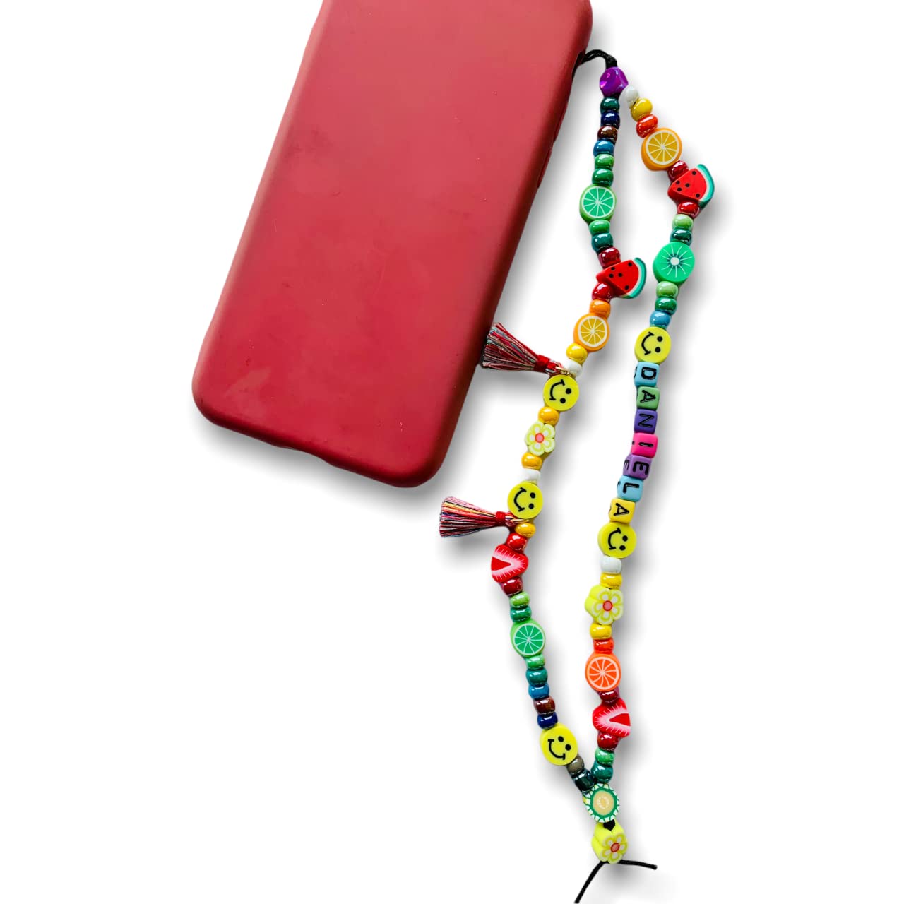 Collana o laccetto per telefono fatta a mano con perline di vetro originale di Boemia modello Watermelon personalizzato con nome. Gioiello o charm per il tuo telefono