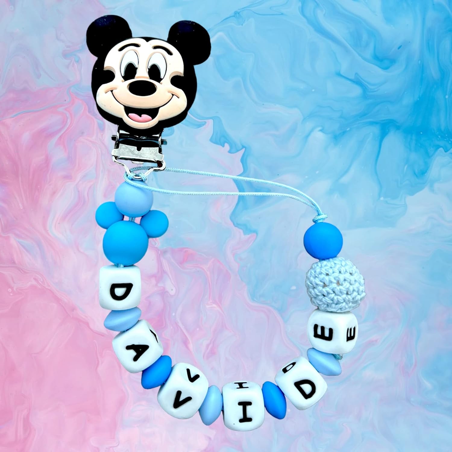 Catenella Portaciuccio - Personalizzata con nome neonato- Catenella con Topolino - Mickey Mouse - Minnie - Winnie The Pooh - Catenella compatibile con Ciuccio MAM