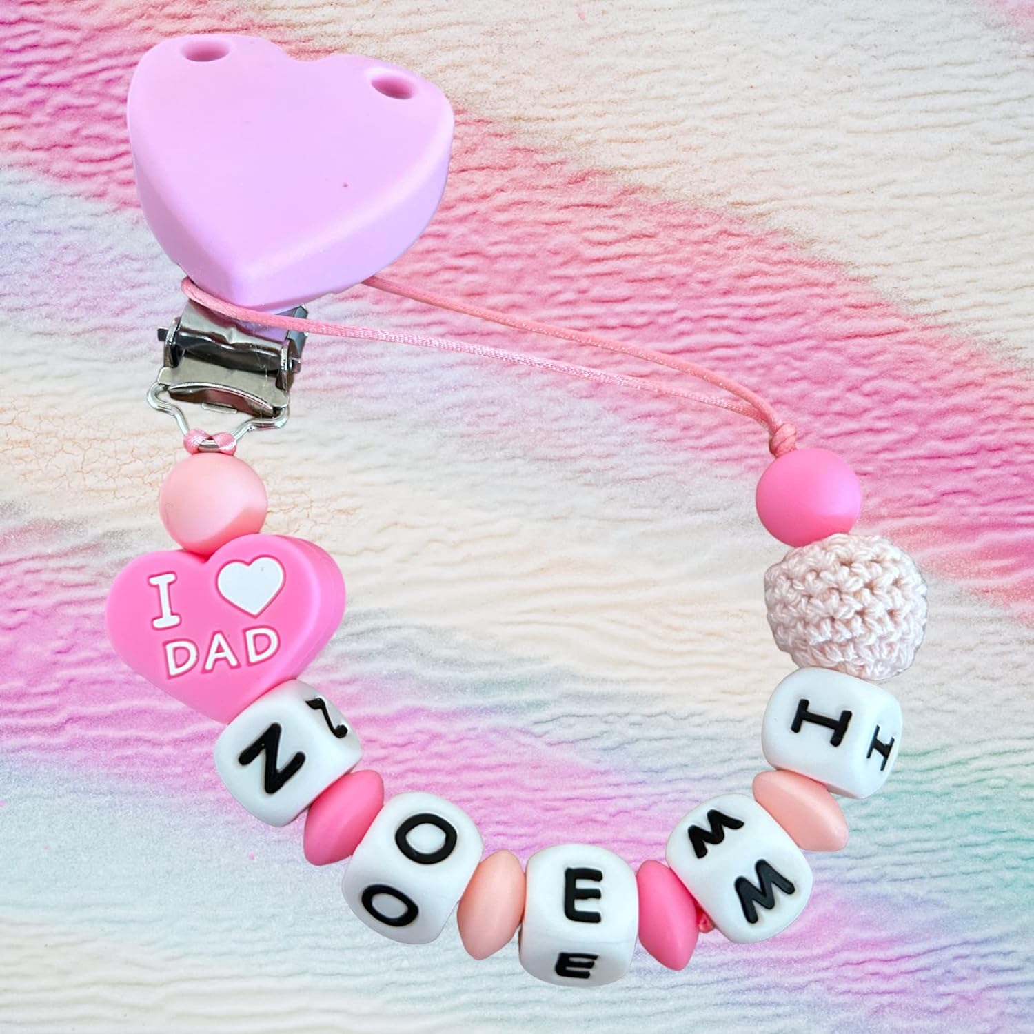 Pacifier Chain "I love mom, I love dad" 