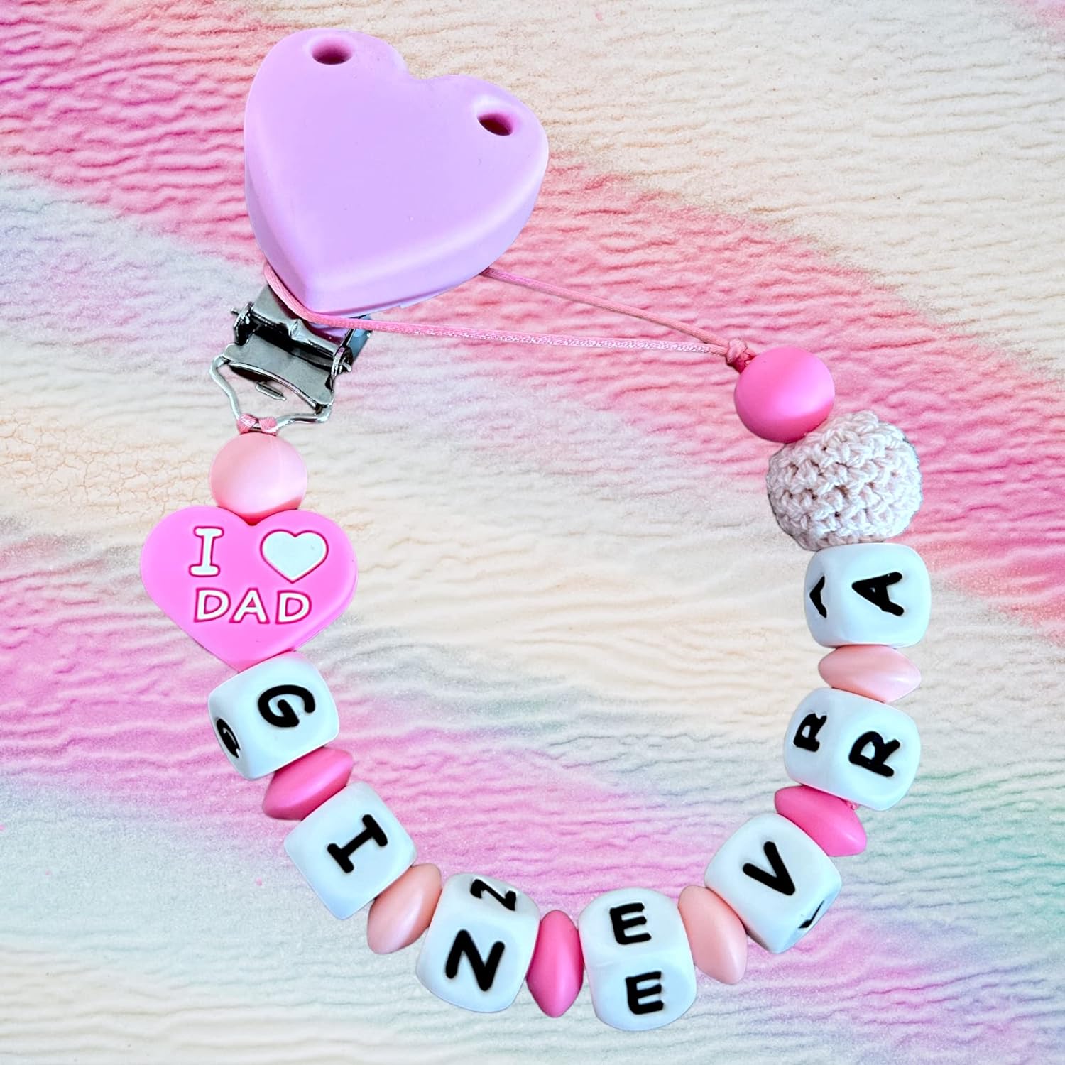 Pacifier Chain "I love mom, I love dad" 