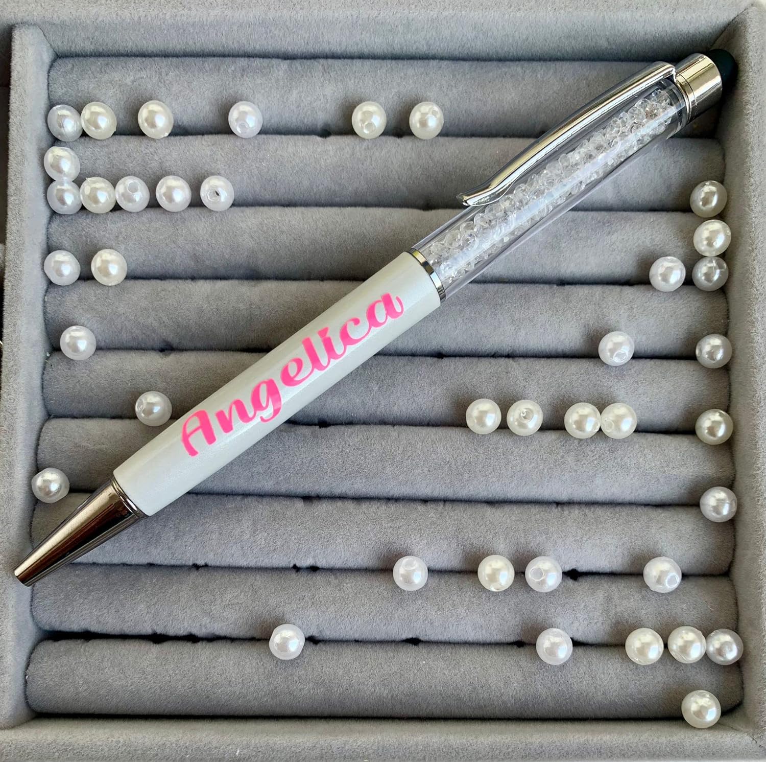Penna stile Swarovsky personalizzata con il nome o la dedica. Con brillantini glitter alla moda. Un penna unica come idea regalo